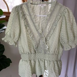 Mine Light Green Swiss Dot Top with cinched waist and sleeves